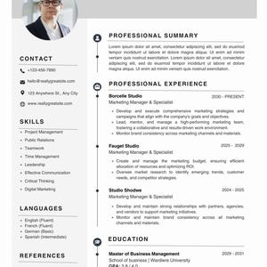 Pode incluir: Um currículo para Mark Sherman, gerente de tecnologia da informação. O currículo inclui informações de contato, habilidades, idiomas, experiência profissional, educação e referências.