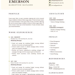 May include: A resume for Laura Emerson, a Marketing Manager. The resume includes her contact information, work experience, education, skills, and languages. The resume is formatted with a clean and modern design.