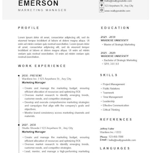 May include: A resume for Laura Emerson, a Marketing Manager. The resume includes her contact information, work experience, education, skills, references, and languages.