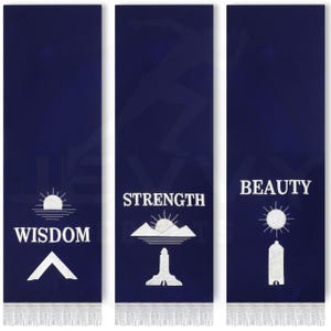 May include: Three blue banners with white embroidered designs and text. The banners feature a sunrise, a mountain range, and a sun. The text on the banners reads "Wisdom", "Strength", and "Beauty".