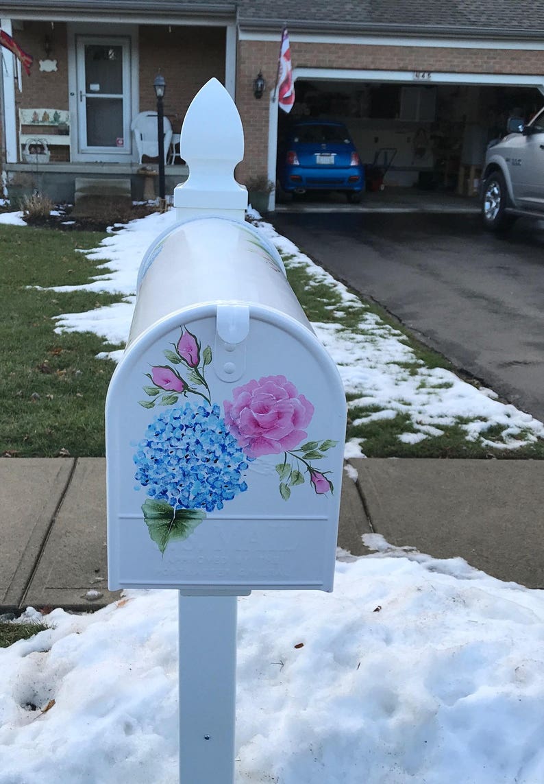 Hand painted mailbox pink rose mailbox hydrangea mailbox Etsy