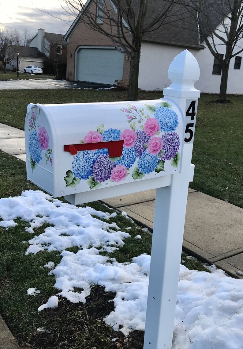 Hand painted mailbox pink rose mailbox hydrangea mailbox Etsy