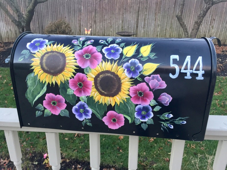 yellow flowers black mailbox with flowers pink flower mailbox sunflower mailbox Hand painted mailbox,custom painted mailbox flowers