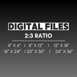May include: A graphic with the text "DIGITAL FILES" and "2:3 RATIO". Below are print sizes: 4" x 6", 8" x 12", 12" x 18", 16" x 24", 20" x 30", and 24" x 36". The text is white on a dark gray background.