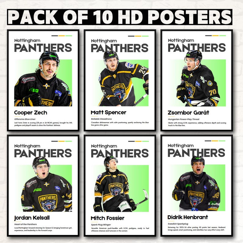 May include: A pack of ten HD posters featuring Nottingham Panthers hockey players. Each poster displays a player in a black and gold uniform, with the team logo and player name. The posters have a white border and a green background.