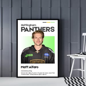 May include: A framed poster featuring Matt Alfaro of the Nottingham Panthers hockey team. The poster includes the team name, player's name, and a brief description of his achievements. The color scheme is black, white, and green.