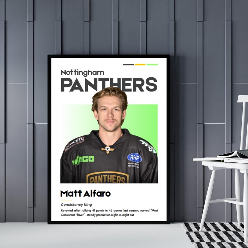 May include: A framed poster featuring Matt Alfaro of the Nottingham Panthers hockey team. The poster includes the team name, player's name, and a brief description of his achievements. The color scheme is black, white, and green.
