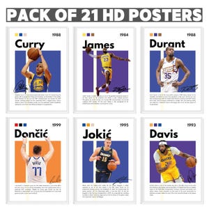 Curry, LeBron James, Doncic, Durant, Jokic, Giannis y más. Paquete de 21 carteles, impresiones de la NBA, regalos de baloncesto, carteles de la NBA, arte mural de la NBA.
