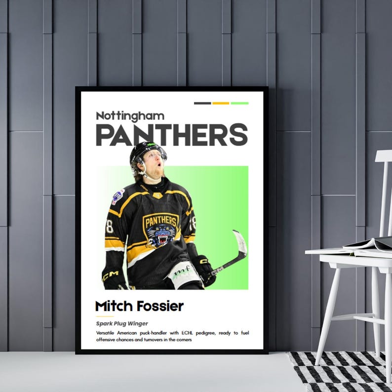 May include: A framed poster featuring a hockey player in a black and gold Nottingham Panthers jersey. The poster includes the team name, player's name, and a brief description. The background has a green and white design.