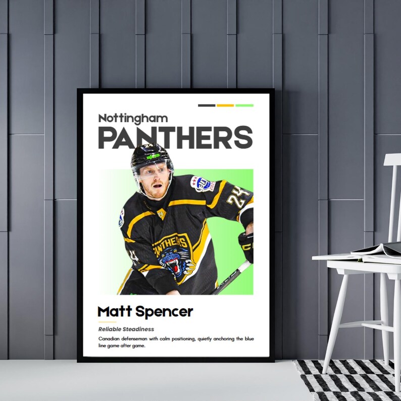 May include: A framed poster featuring a hockey player in a black and gold jersey with the text "PANTHERS." The player is wearing a helmet and holding a hockey stick. The poster includes the player's name, "Matt Spencer," and a description of his role.
