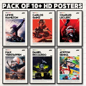 May include: A collection of six framed posters showcasing Formula 1 racing drivers. Each poster displays a driver's portrait, name, and year. The posters feature diverse colors, such as red, black, and white. The text "PACK OF 10+ HD POSTERS" is at the top of the image.