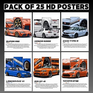 Póster de coche I Set de 25 pósteres de coches populares / Impresión digital para regalo de aficionados y coleccionistas / Arte mural de carreras, impresiones de coches deportivos / Decoración JDM