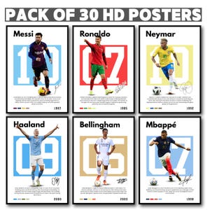 Op de afbeelding: Een pakket van 30 HD-posters met voetbalsterren Messi, Ronaldo, Neymar, Haaland, Bellingham en Mbappé. Elke poster heeft een afbeelding van de speler, een groot nummer en een handtekening. De posters zijn rechthoekig.
