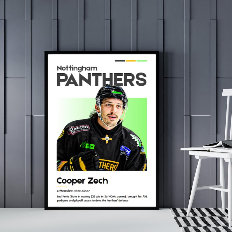 May include: A framed poster featuring Cooper Zech of the Nottingham Panthers hockey team. The poster has a black frame and includes the team name, player's name, and a brief description. The player is wearing a black and yellow jersey and a helmet.