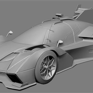 Puede incluir: Modelo de coche de carreras gris de aspecto futurista, con un perfil bajo y un diseño aerodinámico. El coche presenta ruedas grandes, un alerón trasero prominente y líneas elegantes, lo que sugiere alta velocidad y rendimiento.