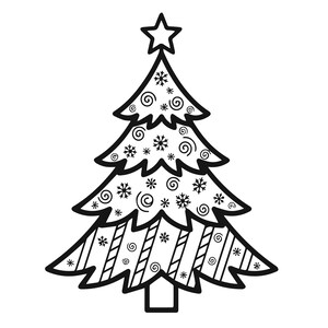 May include: A black and white illustration of a Christmas tree, topped with a star. The tree features snowflake and swirl patterns, along with diagonal stripes. Ideal for festive crafts.