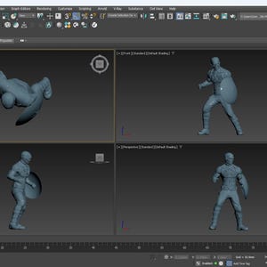 May include: A computer screen displaying a 3D modeling software interface. The screen is divided into four quadrants, each showing a different view of a superhero figure with a shield. The figure is rendered in a monochromatic blue.