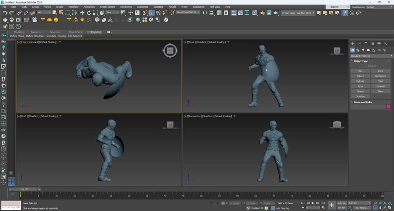 May include: A computer screen displaying a 3D modeling software interface. The screen is divided into four quadrants, each showing a different view of a superhero figure with a shield. The figure is rendered in a monochromatic blue.