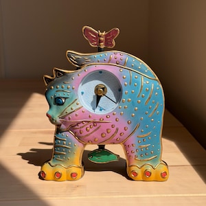 Vintage Colorful Standing Cat Pendulum Clock | 6" Hand-Painted Cat Clock | Whimsical Folk Art Decor | Battery Operated