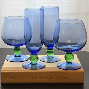 Vintage Blue & Green Stem Art Glass Goblets – Set of 4 | Mid-Century Hand Blown Barware | Colorful Cocktail Wine Glasses | Bar Cart Decor