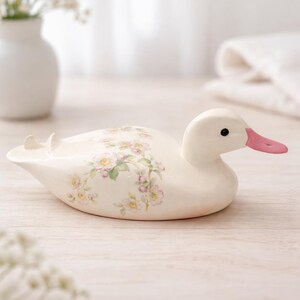 Vintage Ceramic Floral Duck Figurine Large Pastel Cottagecore Decor 1980s Hand-Painted Statue
