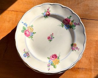 Juego de 6 platos llanos Grindley Devonshire Rose, porcelana inglesa vintage con diseño floral, 25 cm (10 pulgadas) de diámetro y borde dorado.