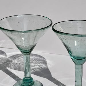 Hand Blown Vintage Martini Glasses – Set of 2 Recycled Aqua Blue Bubble Glass – Mid-Century Barware – Rustic Coastal Cocktail Glasses