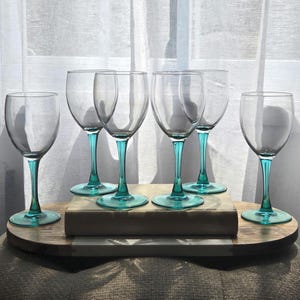 Vintage Teal Stem Wine Glasses Set of 6 | Elegant Aqua Goblets | 1990s Barware | Wedding Gift | Coastal Table Decor | Colored Stem Glassware