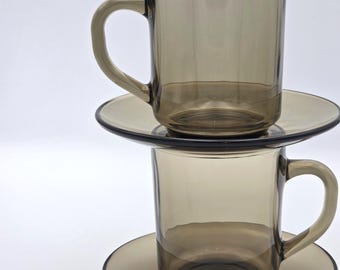 Vintage Rauchglas Kaffee Set Arcoroc France Tassen Vereco Untertassen 70er Jahre Midcentury Braun Französisches Cafe Minimalist Tee