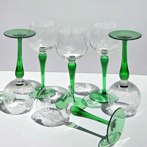 Vintage Czech Crystal Roemer Wine Glasses - Emerald Green Stems, Etched Grapevine - Set of 6