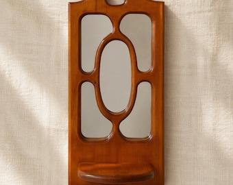 Vintage Wood Wall Mirror with Shelf, Mid Century Wall Mirror, Wooden Entryway Mirror, Retro Wall Decor, Small Hanging Mirror Shelf