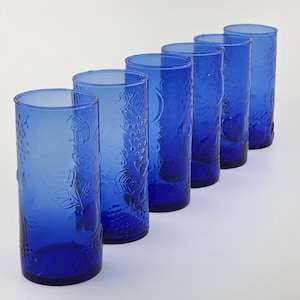 Set of 6 Vintage Cobalt Blue Fruit Glass Tumblers – Neiman Marcus 1980s Drinkware, Embossed Glasses, Retro Iced Tea Highball Set