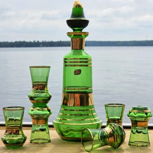 Bohemia Crystal Green Gold Decanter & Glasses, Czech Barware, Vintage Mid Century Modern Bar Cart Decor, Hostess Housewarming Wedding Gift
