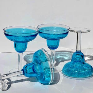 Cobalt Blue Margarita Glasses – Set of 4 Vintage Cocktail Glasses – Tall Retro Barware – Mexican Margarita Set – MCM Drinkware