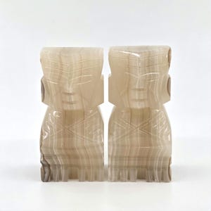 Vintage Onyx Bookends: Mid-Century Modern Carved Tribal Figures