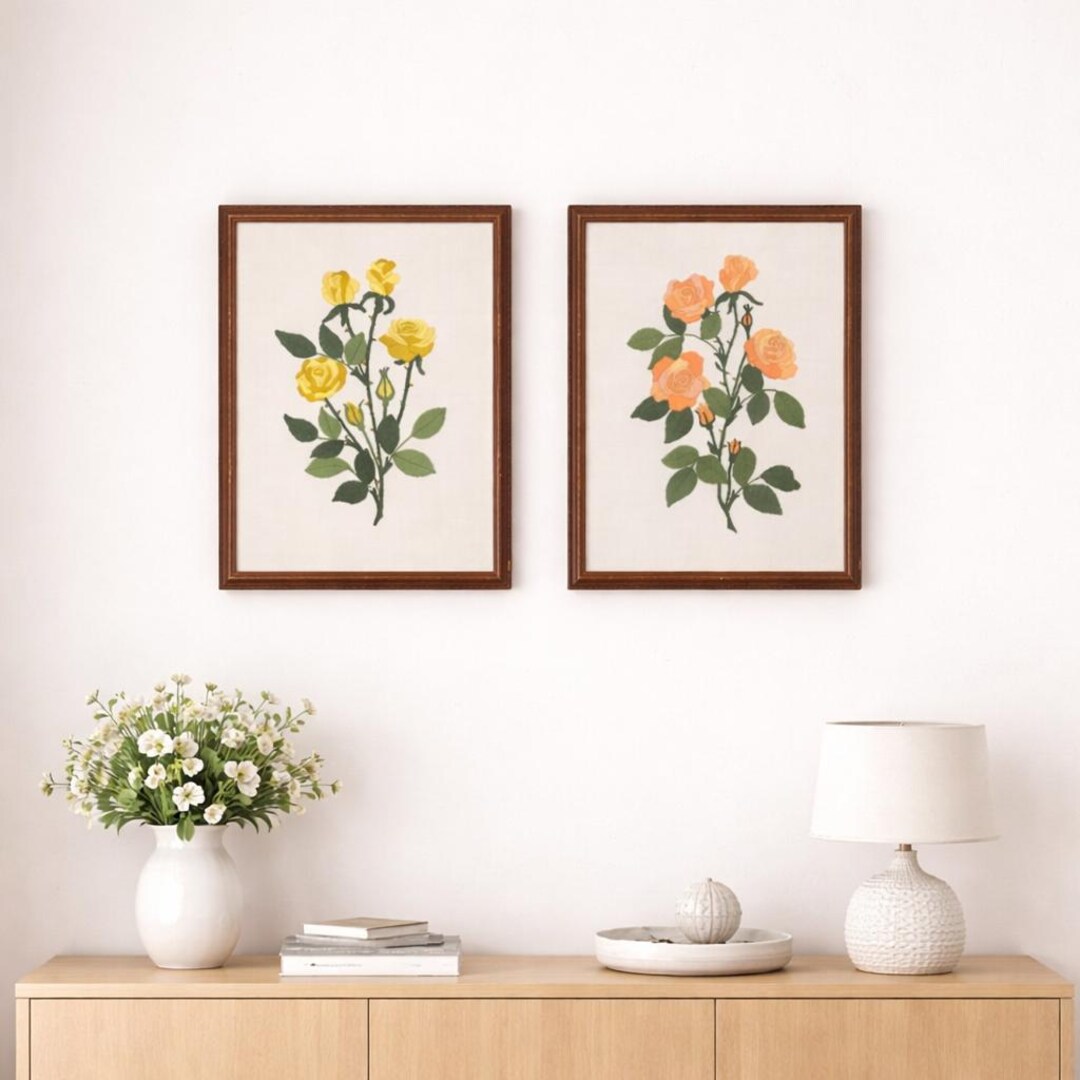 Vintage Needlepoint Floral Wall Art Set - 2 Framed Botanical Rose ...