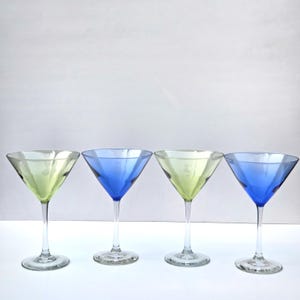 Colorful Vintage Martini Glasses, Set of 4 Blue & Green Stemware, Tall Cocktail Glasses for Bar Cart, Housewarming, Wedding Gift or Home Bar
