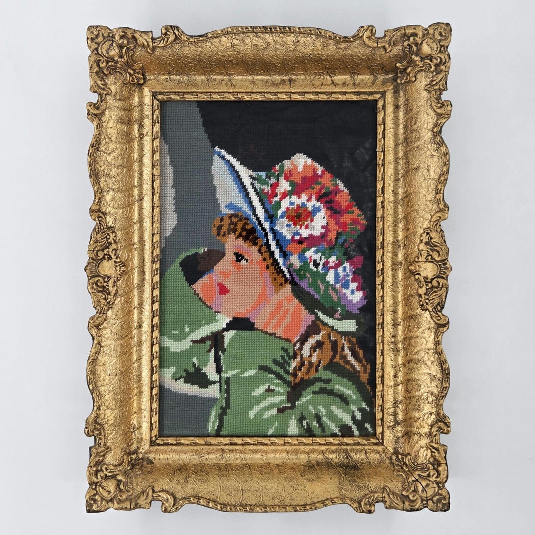 Vintage Needlepoint Portrait Pair | Woman in Floral Hat With Gold Frame ...