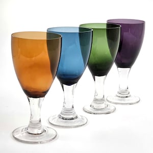 Vintage Colorful Wine Glasses – Set of 4 | Amber, Blue, Green, Purple Goblets | 7&quot; Stemware | Mid-Century Barware | Cottagecore Glass