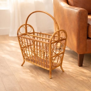 Vintage Rattan Wicker Magazine Rack | Blanket & Umbrella Holder | Boho Storage Basket | Farmhouse Decor | Mid Century Style