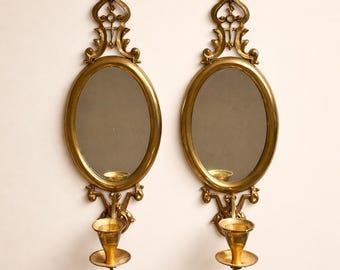 Coppia di applique da parete vintage in ottone con specchio, portacandele dorati decorati, decorazioni murali in stile Hollywood Regency, applique ovali con specchio, decorazioni tradizionali