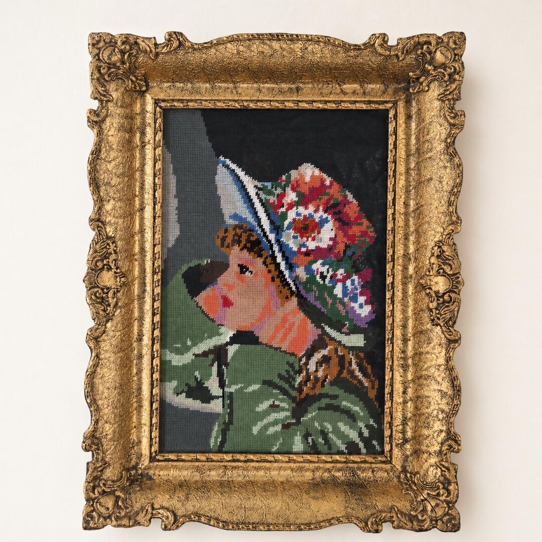 Vintage Needlepoint Portrait Wall Art Framed – Ornate Gold Frame ...
