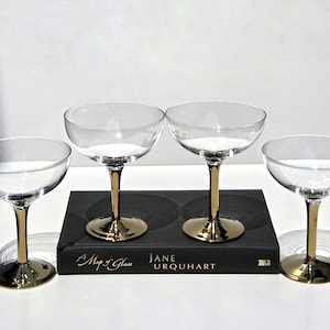 Vintage Gold Stem Coupe Glasses | Set of 4 Mid Century Modern Cocktail Glassware | Wedding Bar or Holiday Toast | Hollywood Regency