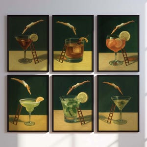 Set van 6 cocktailprints, klassieke drankkunst aan de muur, decor barwagen, minimalistische alcoholposters, retro grappige keuken- of loungekunstwerk