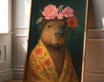 Floral Crown Capybara Print: Funny Boho Nursery Wall Art