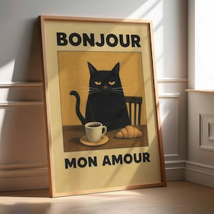 Poster "Le Chat Noir", stampa artistica gialla "Bonjour Mon Amour", opera d'arte con gatto nero francese, decorazione vintage con gattara, stravagante arte murale parigina