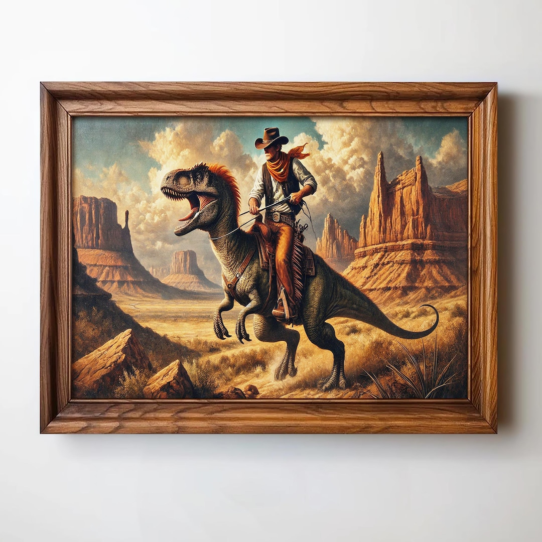 Cowboy Riding T-rex Print: Funny Western Dinosaur Art - Etsy