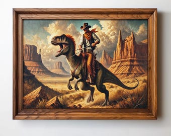 T-rexprint cowboy rijden: grappige westerse dinosauruskunst