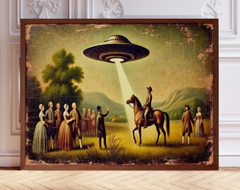 Vintage UFO Oil Painting Print: Old West Alien Encounter Wall Art