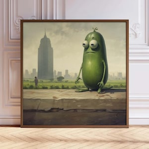 Traurige Gurke in der Stadt Gemälde, lustige Wandkunst, quadratischer Kunstdruck, ästhetisches Küchenkunst-Dekor, Vintage-Food-Poster, Bar Retro quadratische Kunst